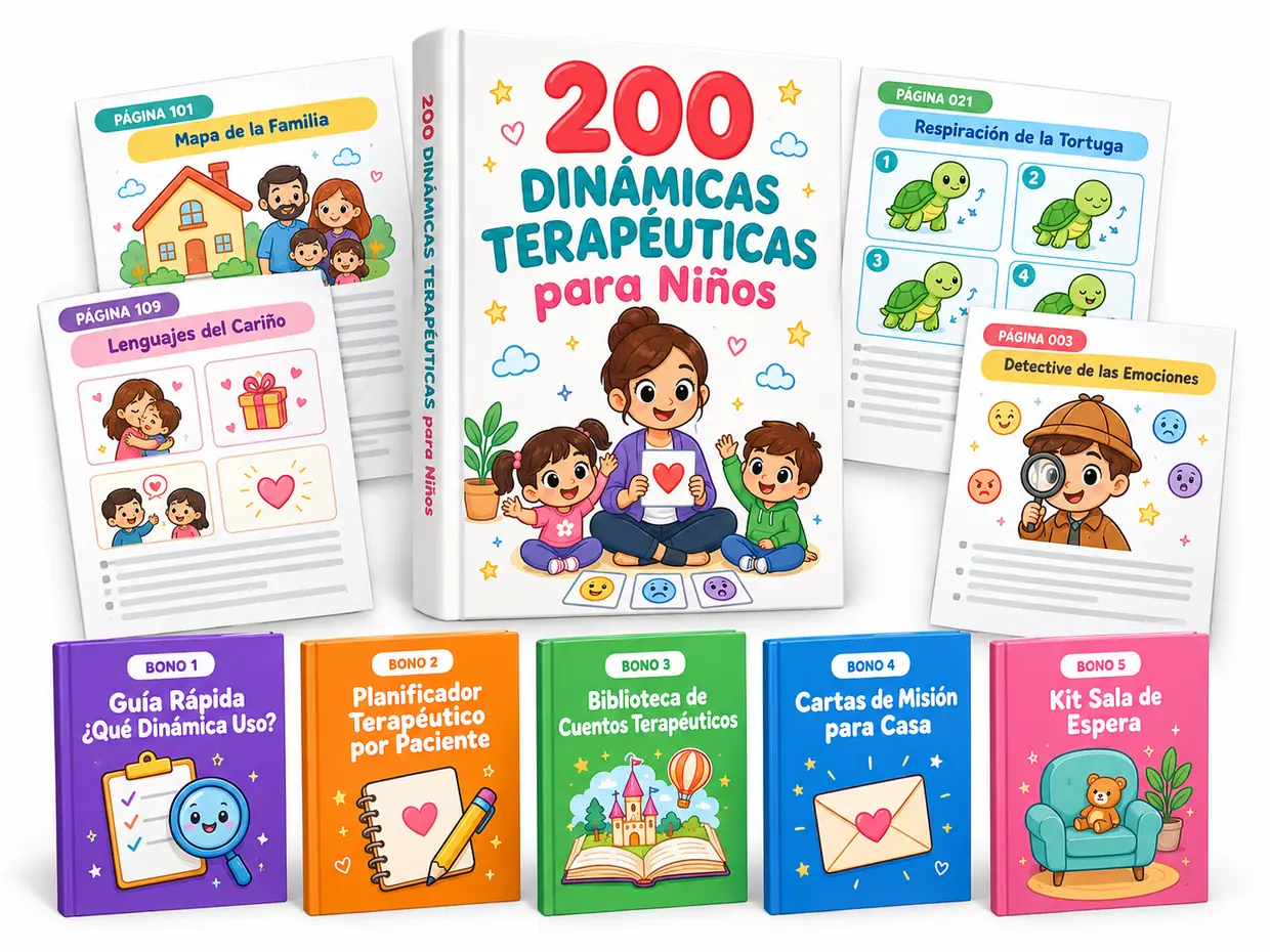 Kit 200 Dinámicas Terapéuticas para Niños: portada, páginas de dinámicas y bonos